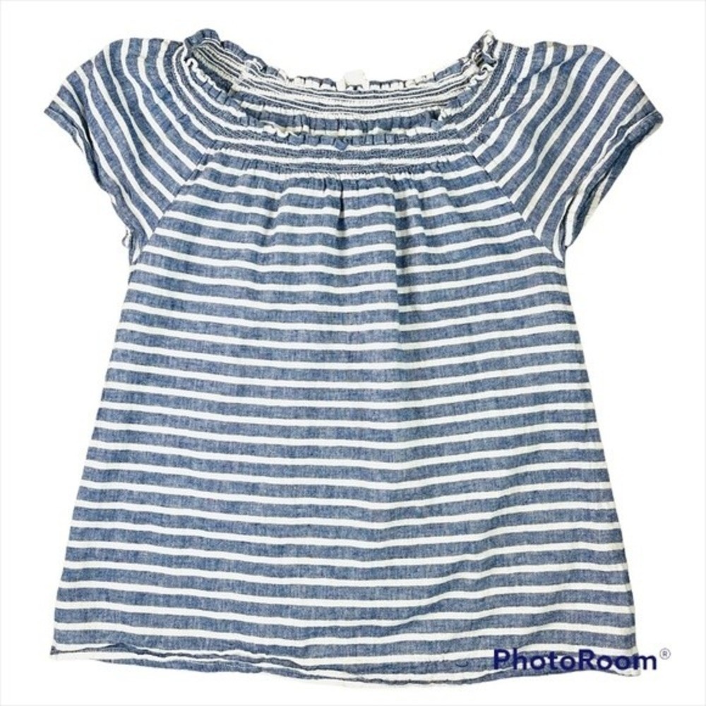 Beachlunchlounge Off Shoulder Linen Blue and White Striped Ruffle Top Size S